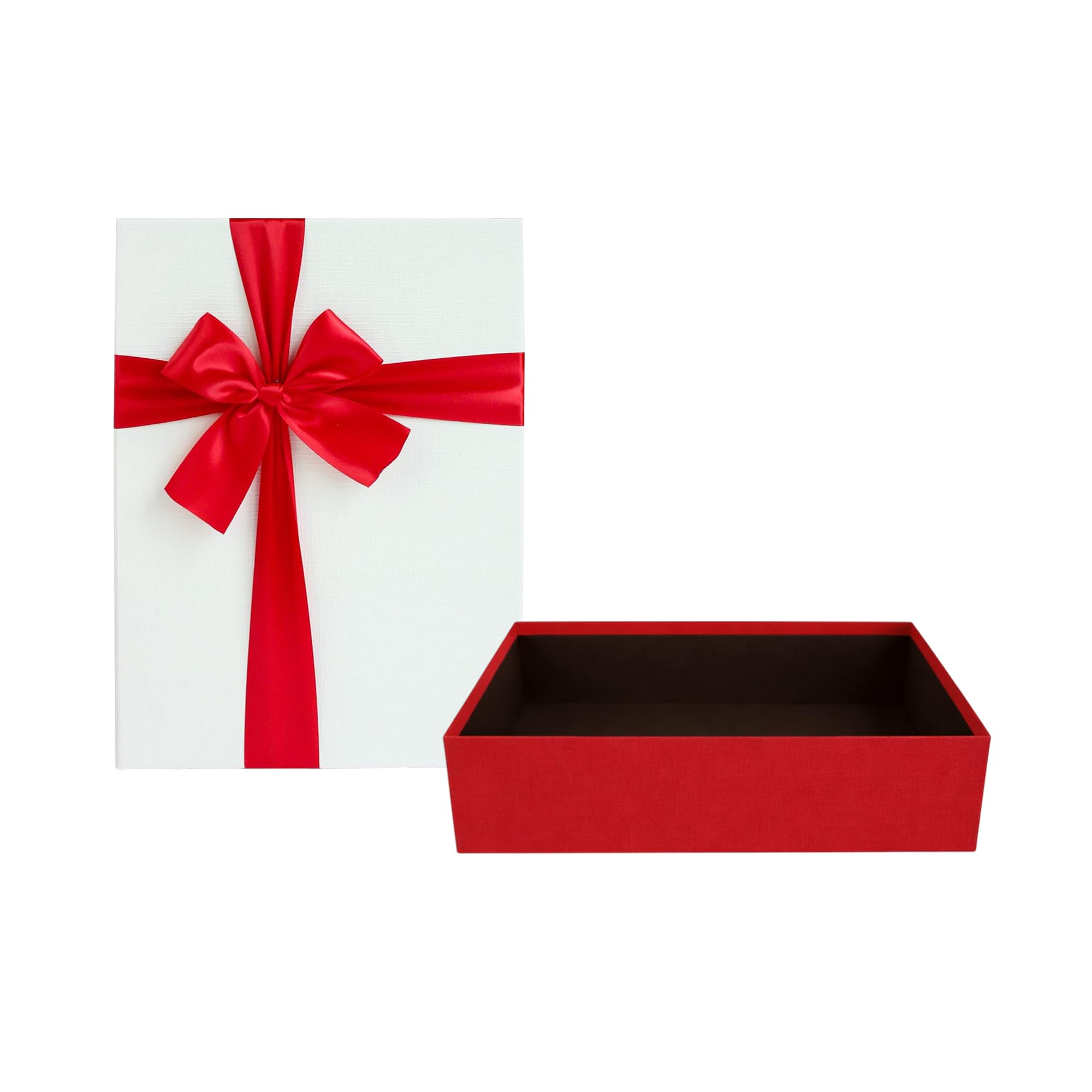 Emartbuy Red/White Rigid Gift Box with Ribbon – 27 x 19 x 7 cm – Luxury Cardboard Presentation Box|Premium Packaging for Hampers, Bridesmaid Gifts, Birthdays, Weddings, Corporate Gifting