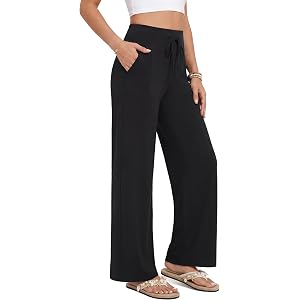 ZOOSIXX Capri Pants for Women - Wide Leg Loose Casual Trousers with Pockets Summer High Waisted Drawstring Pants