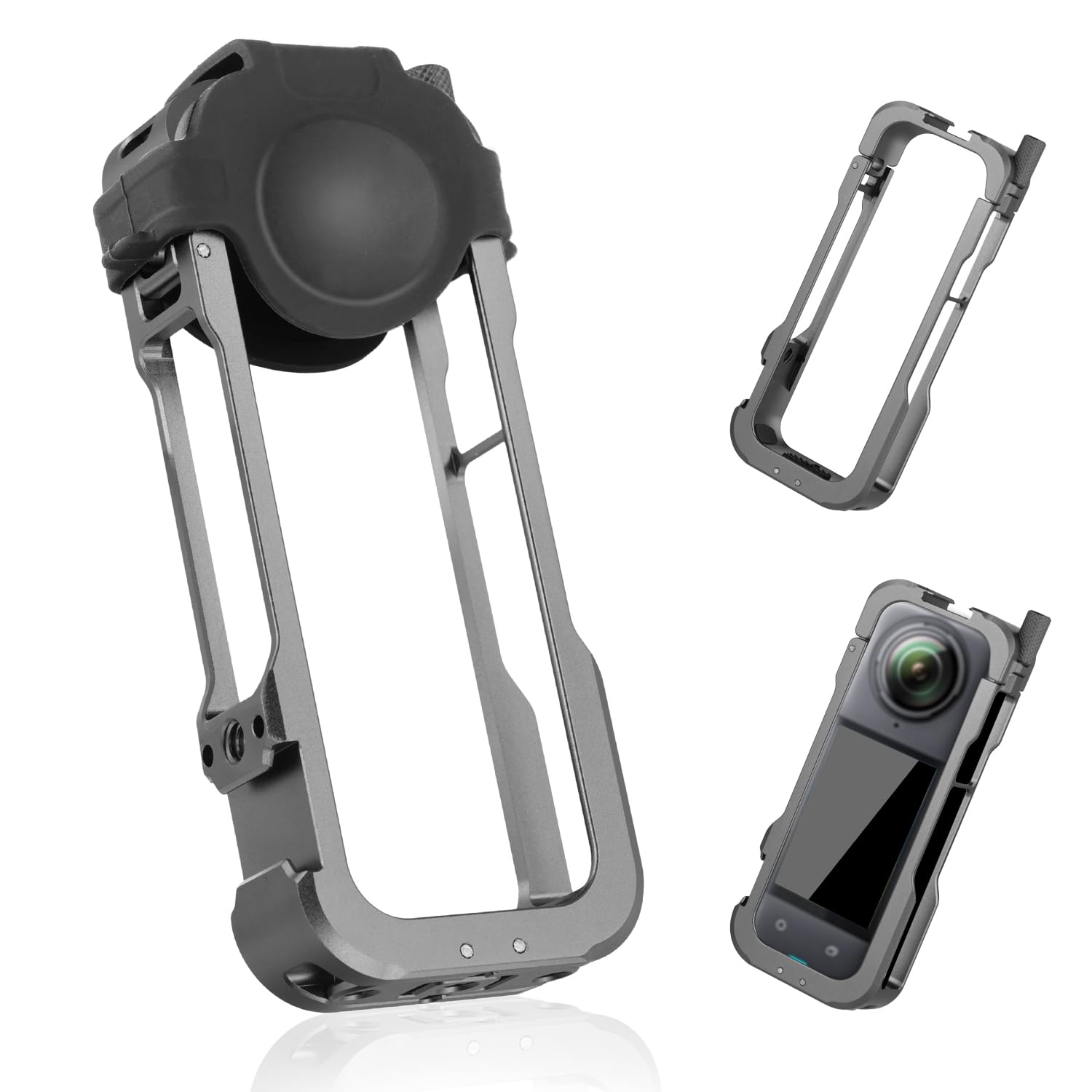 Action Camera Cage, Sturdy Aluminum Frame Cage with Silicone Lens Cap Metal Video Cage Camera Cage Holder Cold Shoe Holder for Insta360