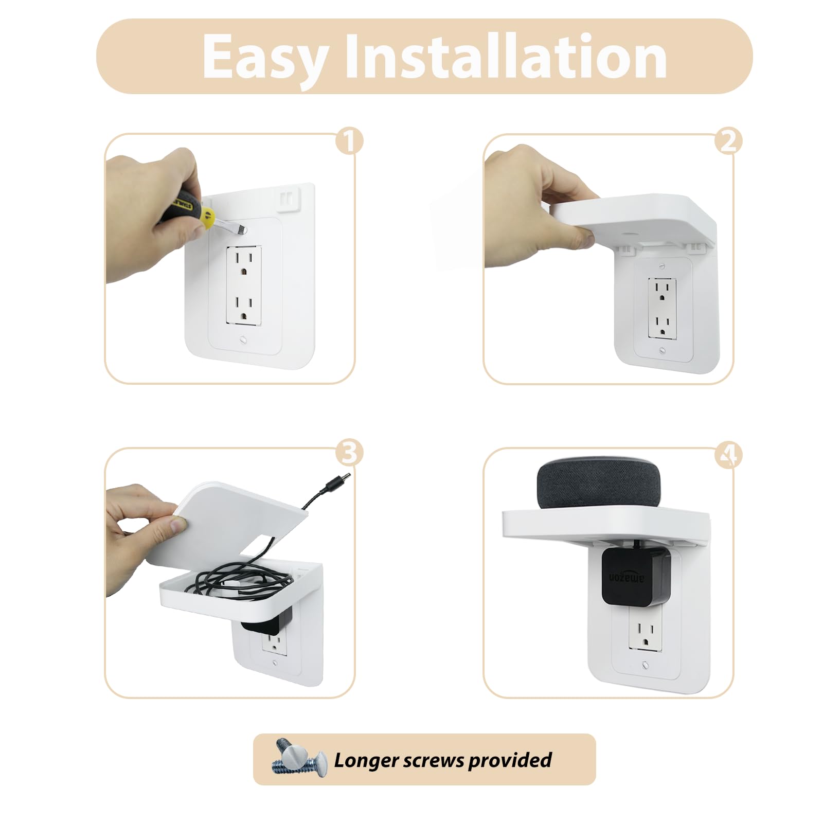 Outlet Shelf Holder Fit for Decorator Receptacle, Bathroom Decor Built-in Cable Management,Space Saving Homepod Mini,Google Home/Echo/Smart Speakers/Electric Toothbrush/Cell Phone (Decora)