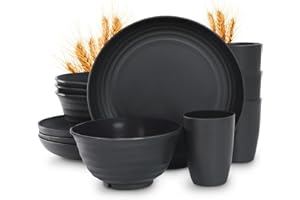 WWYYBFK 12pcs Plastic Wheat Straw Dinnerware Sets, Wheat Straw Plates and Bowls Sets for 4 College Dorm Room Essentials Microwave Dishwasher Safe (Black)