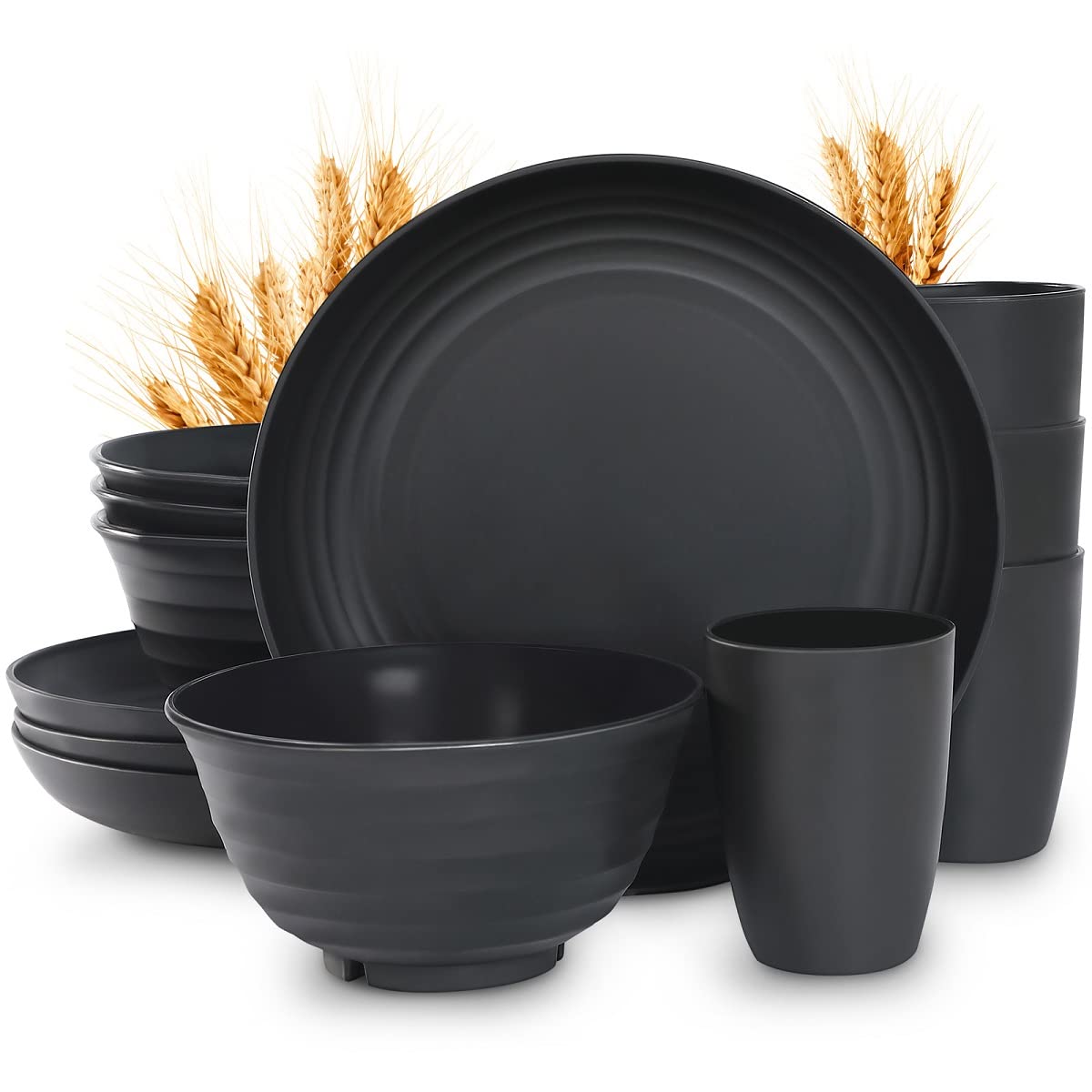 Photo 1 of 12pcs Plastic Wheat Straw Dinnerware Sets, Wheat Straw Plates and Bowls Sets for 4 College Dorm Room Essentials Microwave Dishwasher Safe (Black)