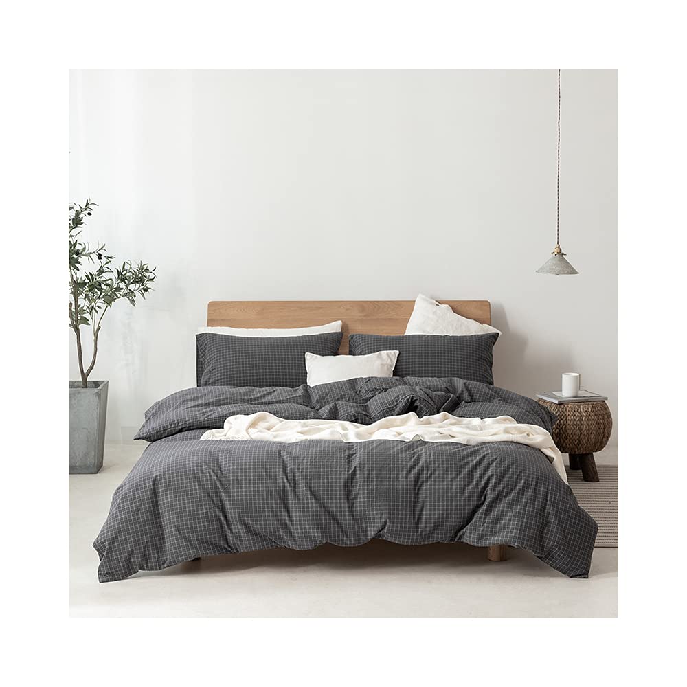 Photo 1 of F.Y.Dreams 100% Washed Cotton Duvet Cover for Weighted Blanket 60x80 inches with 8 Ties, Zipper on Long Side/Gray Grid/Just Duvet Cover