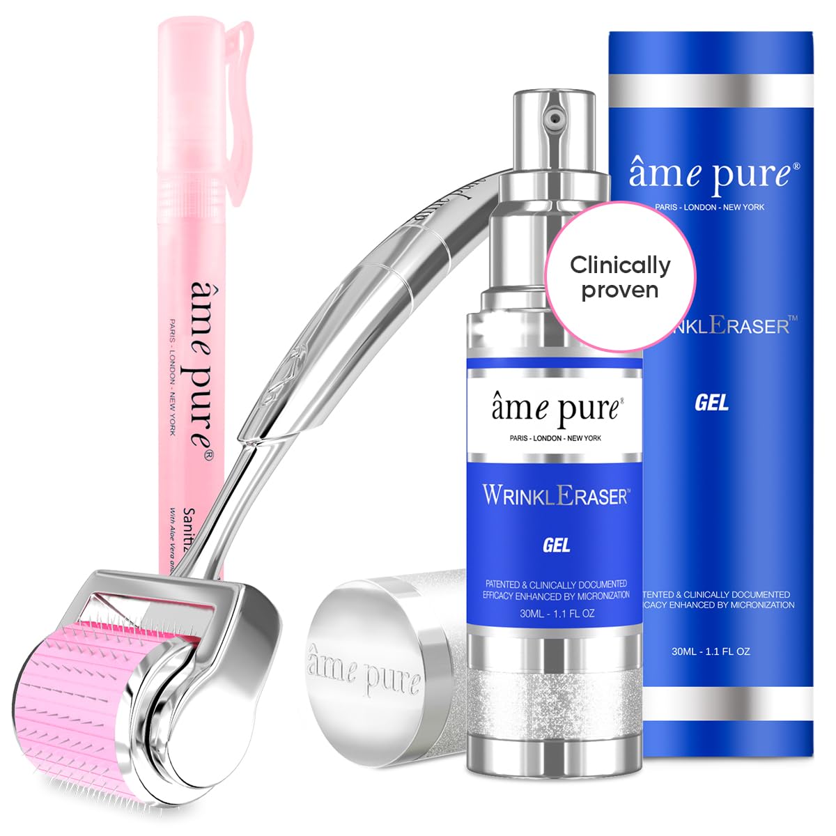 âme pure® WrinklEraser Basic Derma Roller KIT 100% Natural Microneedling Treatment for Surgery Free Rejuvenation, Smooth Wrinkles and Firm Skin (Dermaroller 0.5mm + Gel + Disinfector)