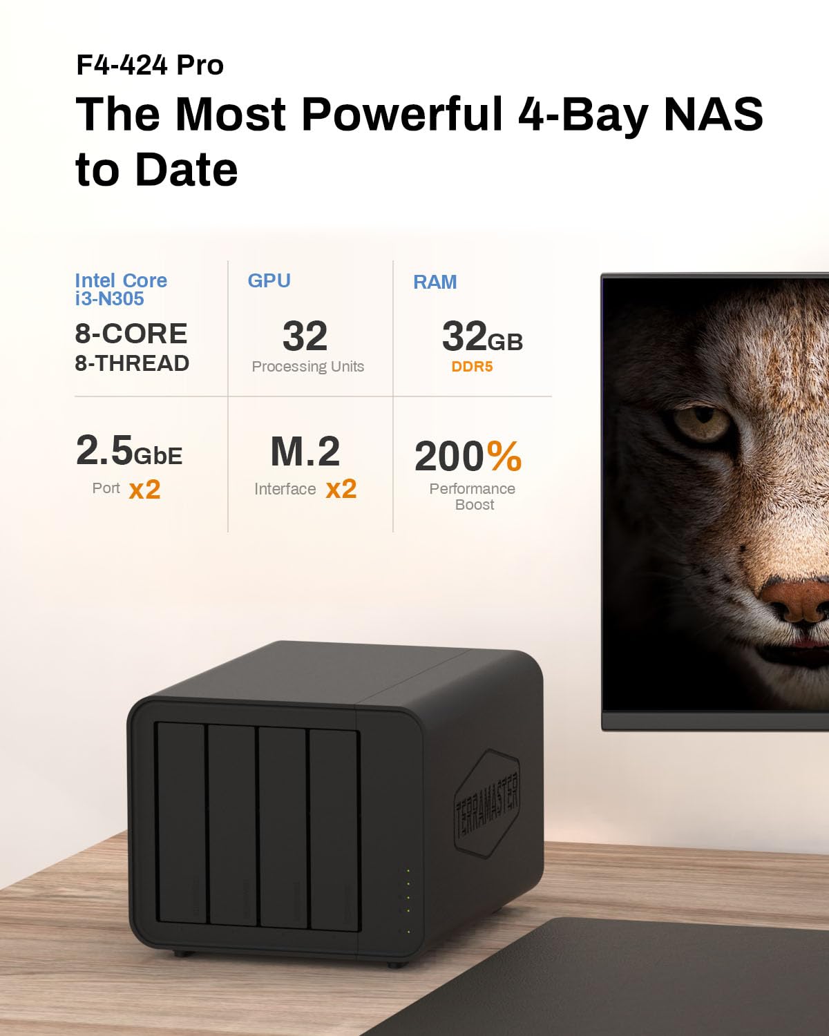 TERRAMASTER F4-424 Pro NAS Storage - 4Bay Core i3-N305 8-Core 8-Thread CPU, 32GB DDR5 RAM, 2.5GbE Port x 2, Network Attached Storage Peak Performance for Business (Diskless) Black