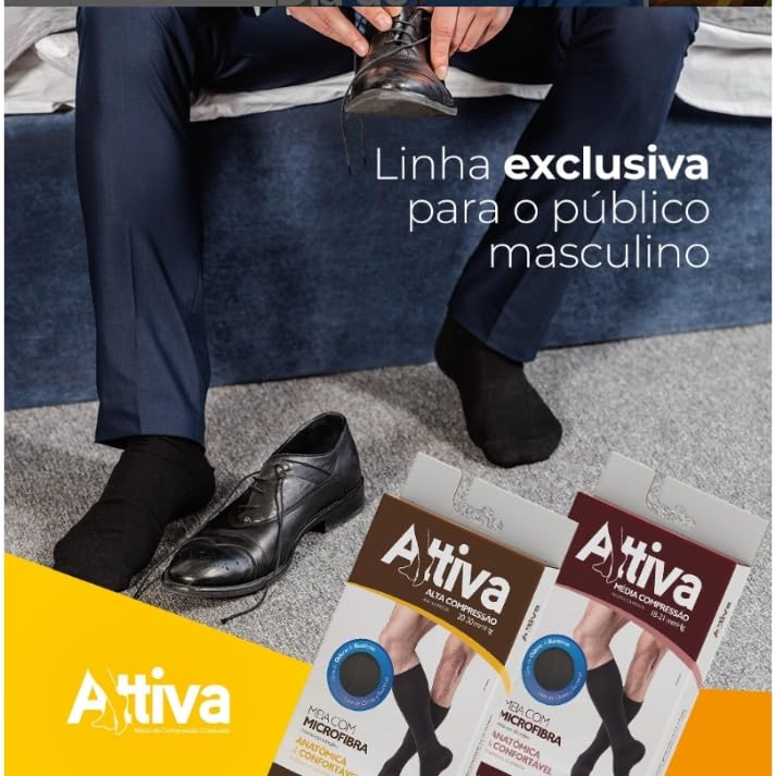 Meia de Compressão Masculina 3/4 Panturrilha Média 18-21 mmHg ATTIVA - Meia para Circulação, Varizes, Pernas Inchadas e Cansadas - Ideal para Trabalho, Viagem e Conforto Diário