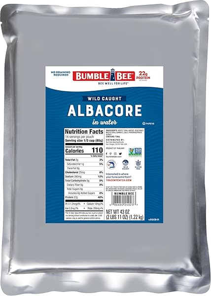 BUMBLE BEE CHUNK WHITE ALBACORE TUNA IN WATER, 43 OZ BULK FOOD SERVICE POUCH – WILD CAUGHT TUNA PACKET – 22G PROTEIN PER SERVING, HIGH IN OMEGA-3S – NON-GMO, GLUTEN FREE, KOSHER
