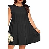 Holipick Women's Plus Size Summer Dresses Casual Short Dress Babydoll Ruffle Sleeve Swing Flowy Sleeveless Tunic Dress