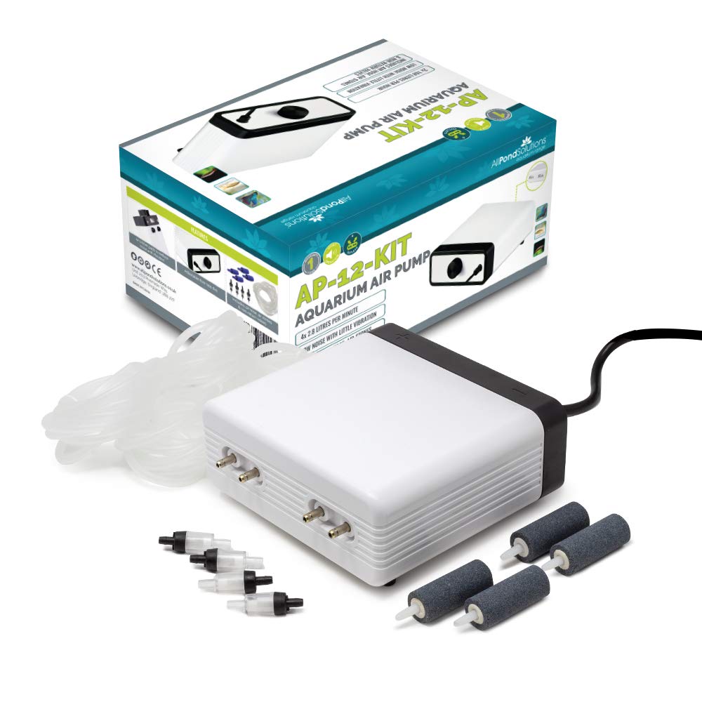 AllPondSolutions Aquarium Air Pump For Fish Tank Coldwater or Tropical up to 700 Litres - 4 Outlets - Ultra Quiet Oxygen Pump - Includes Airline Non-Return Valves and Air Stones - Complete Kit
