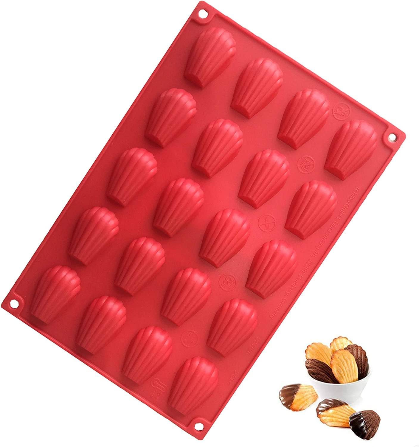 LATRAT Mini Madeleine Baking Moulds Seashell Silicone Baking Mould Muffins Silicone Madeleine Baking Mould 20 Holes with Non-Stick Coating for Cakes Chocolate, Sweets and Biscuits, Red