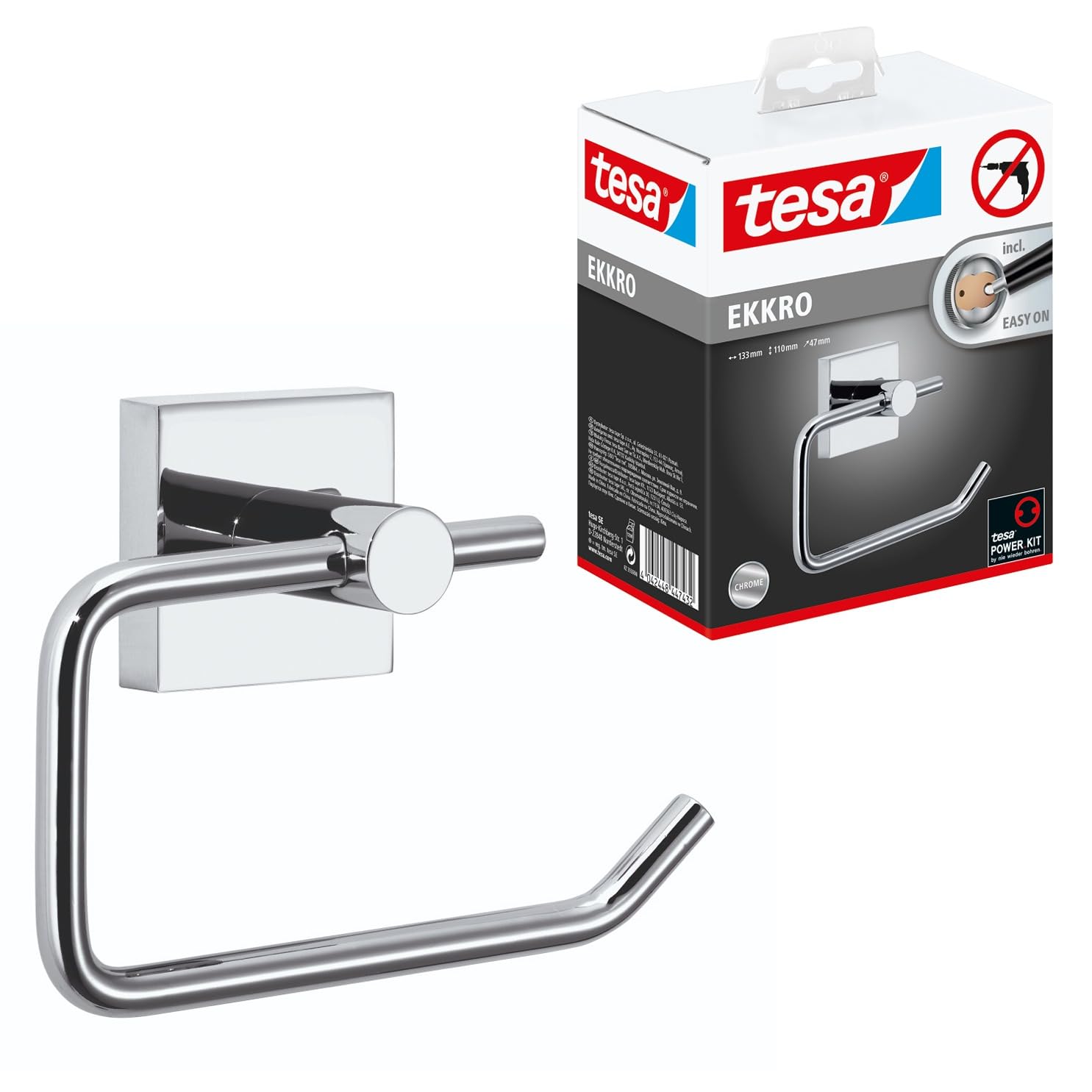 tesa® Ekkro toilet roll holder, high gloss chromed metal, self-adhesive, adhesive mounting technology, 110mm x 133mm x 47mm