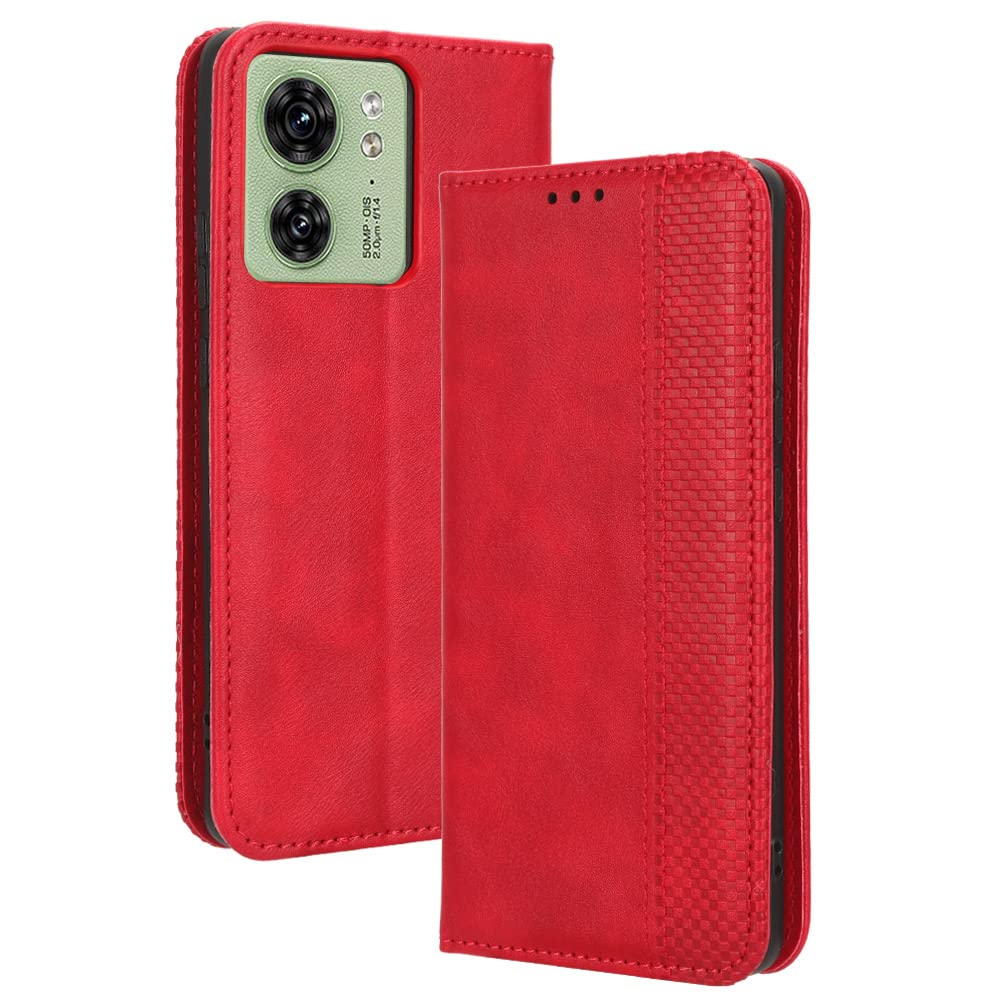 XINNI Protective Phone Case for Motorola Edge 40 5G, PU/TPU Vintage Flip Leather Shockproof Cover Magnetic Book Style Wallet, Red