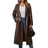 Trendy Queen Womens Long Lapel Faux Leather Jackets Trench Dress Coat Blazer Three Breasted Open Front Peacoat with Belt