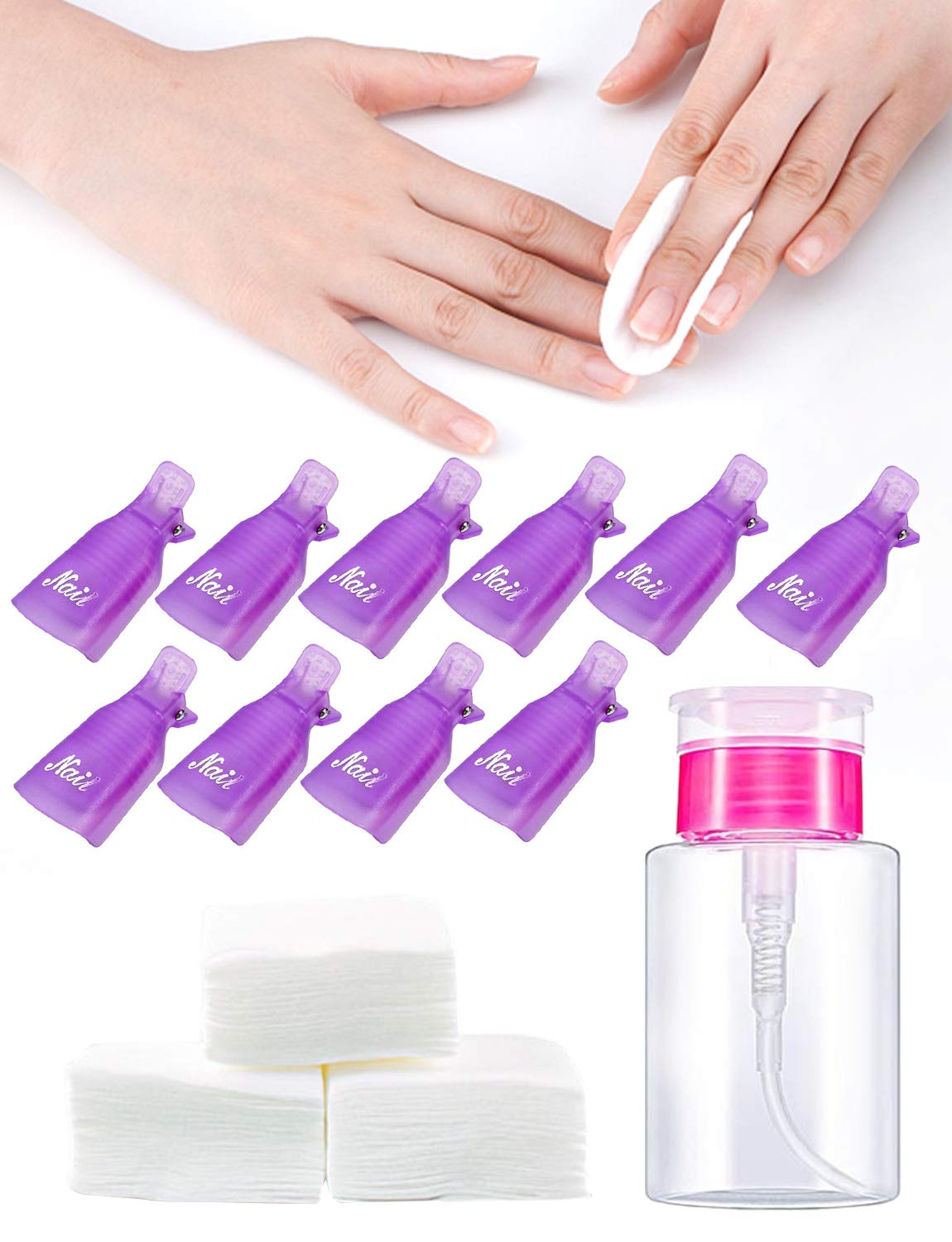 LANDOT Gel Nail Polish Remover Kit, 10pcs Gel Nail Polish Remover Clips Cap, 500pcs Nail Wipe Cotton Pads and 150ml Nail Polish Remover Pump Bottle : Beauty