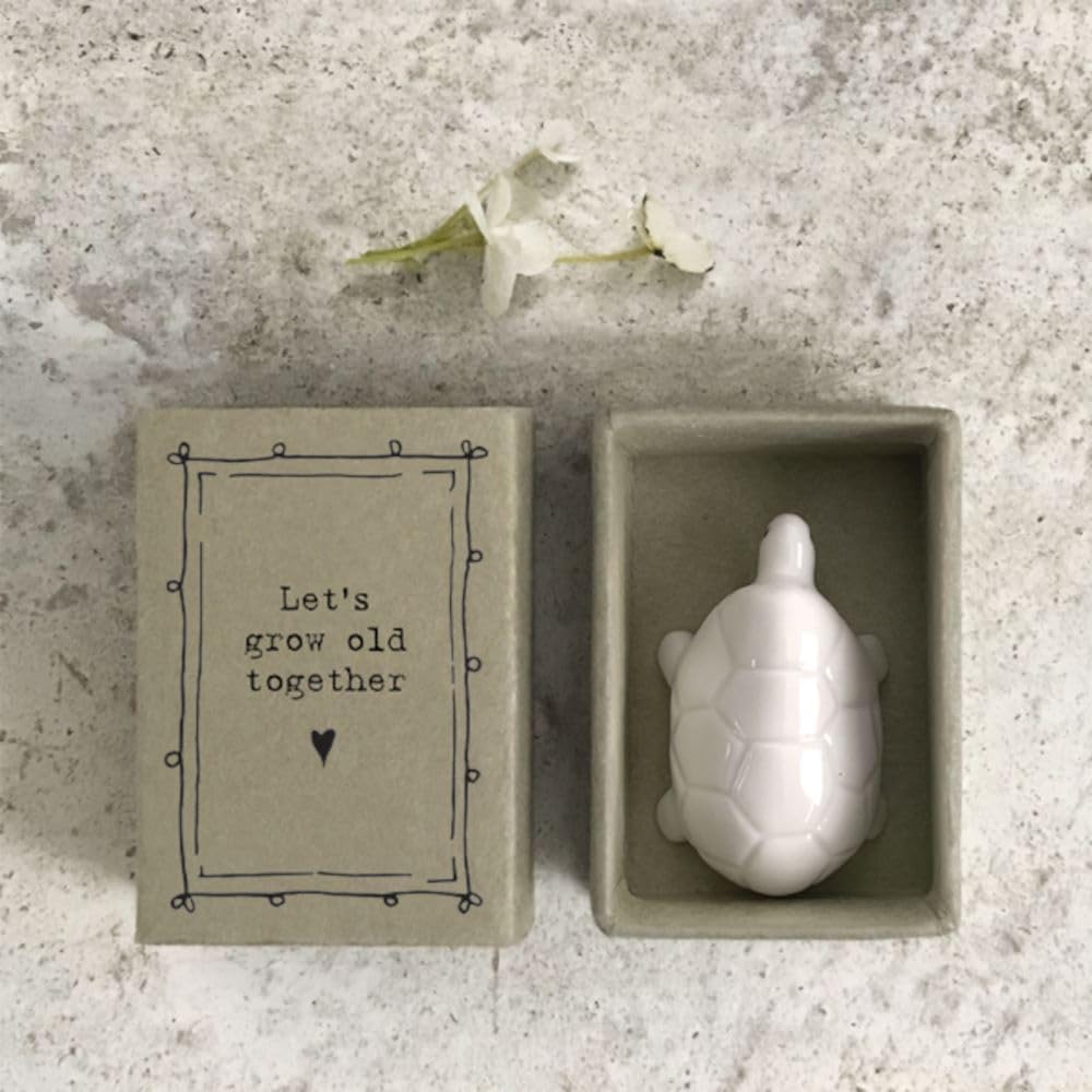 East of India Porcelain MINI Matchbox Gift - Tortoise, Lets grow old together, keepsake gift