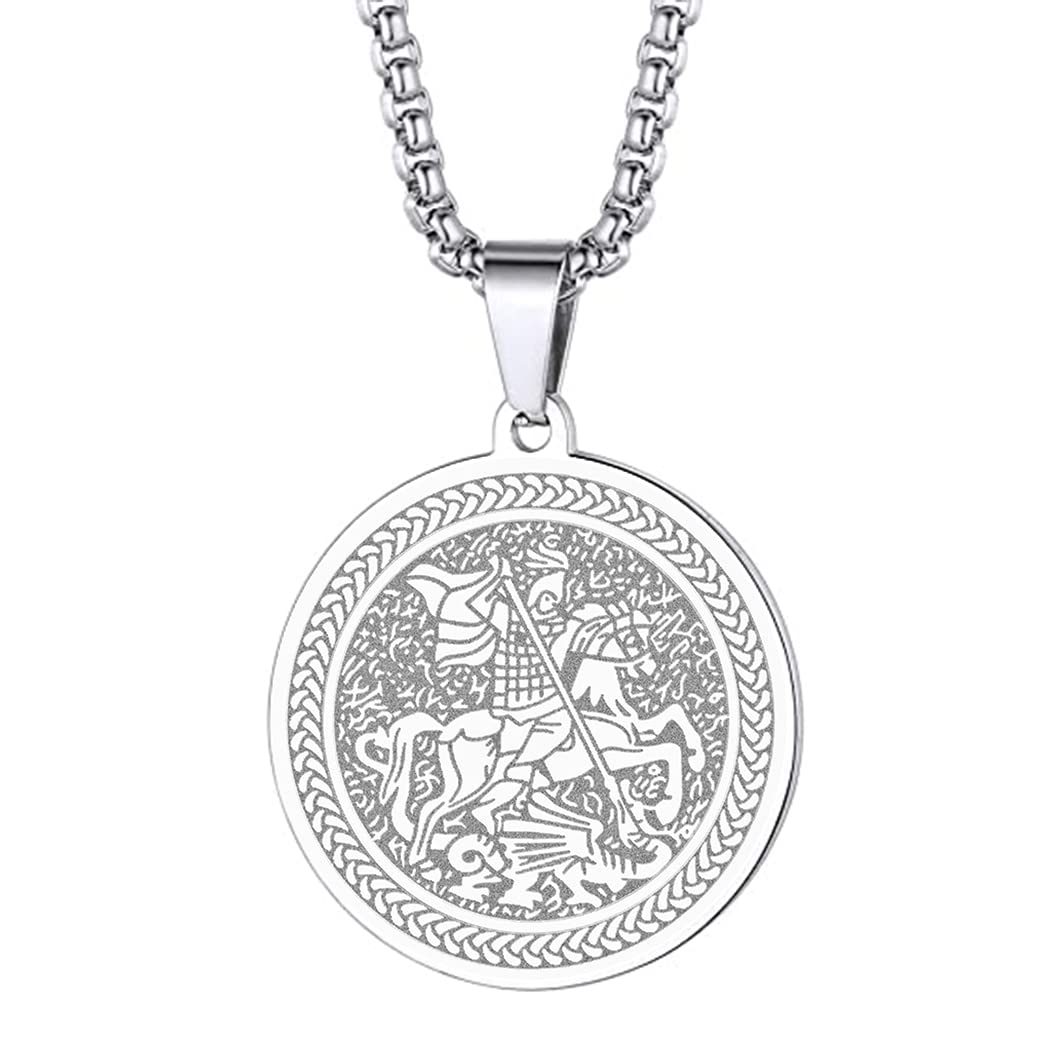St Christopher Necklace Saint Michael George Barbara Pendant Women Men The Seal of The Seven Archangels Charm Chain Religious Medal Medallion Disc Jewelry Christian Gift (St George-231S)