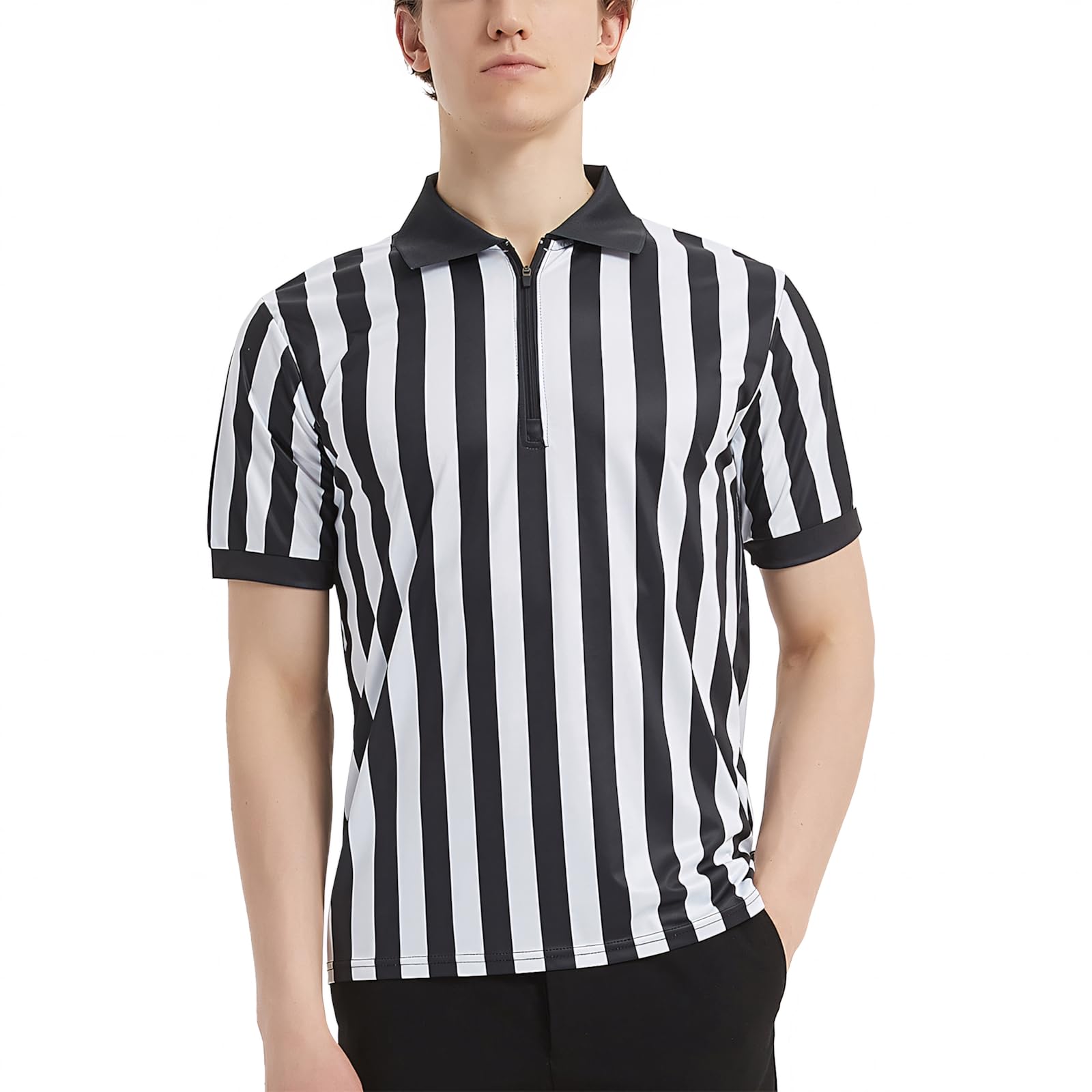 TOPTIE Sportwear Men's Pro-Style Referee Shirt with Quarter Zipper for Basketball Football Soccer-L Black
