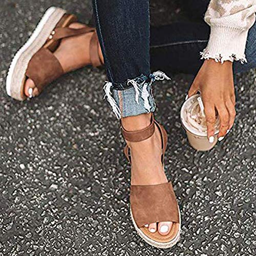Joywow Women Sandals Casual Espadrilles Sandals Open Toe Platform Strappy Studded Wedge Buckle Ankle Strap Mid Heel Sandals (8 M US, C Brown Women Sandals) - Thumbnail 2