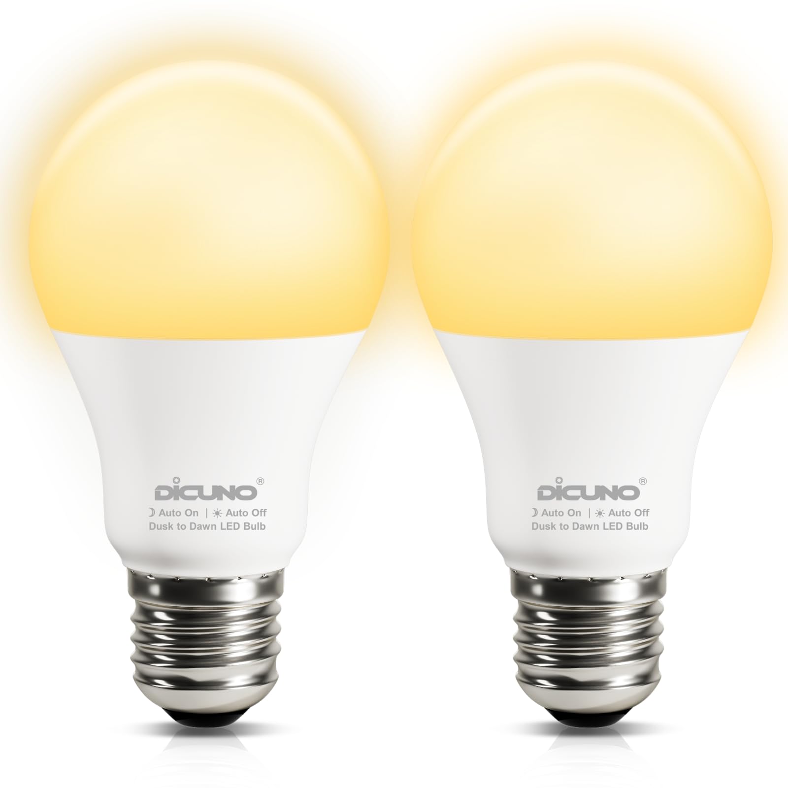 DiCUNO Dusk to Dawn Sensor Bulb E27, 60W Equivalent, 2700K, 9W 800LM, Automatic On/Off Energy Saving Light for Porch, Garage, Non-dimmable, 2 Pcs