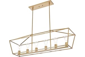 BONLICHT Farmhouse Chandeliers Gold 6 Light Modern Linear Dining Room Pendant Lighting Traditional Rectangular Kitchen Island Lantern Light Fixture Classic Ceiling Light with Adjustable Rods