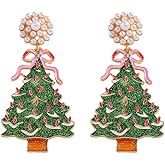 Christmas Tree Dangle Drop Earring for Women Unique Pearl Beaded Pink Bow Xmas Holiday Dangling Earrings Hypoallergenic Party Jewelry for Friend Family Festival Decoration Accessories