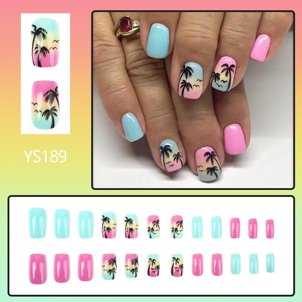 Short Press on Nails Summer Palm Tree Fake Nails Square Acrylic Nails Press ons Glossy Blue Pink Glue on Nails with Twilight Beach Designs Stick on Nails Summer False Nails for Women Girls 24Pcs - Image 2