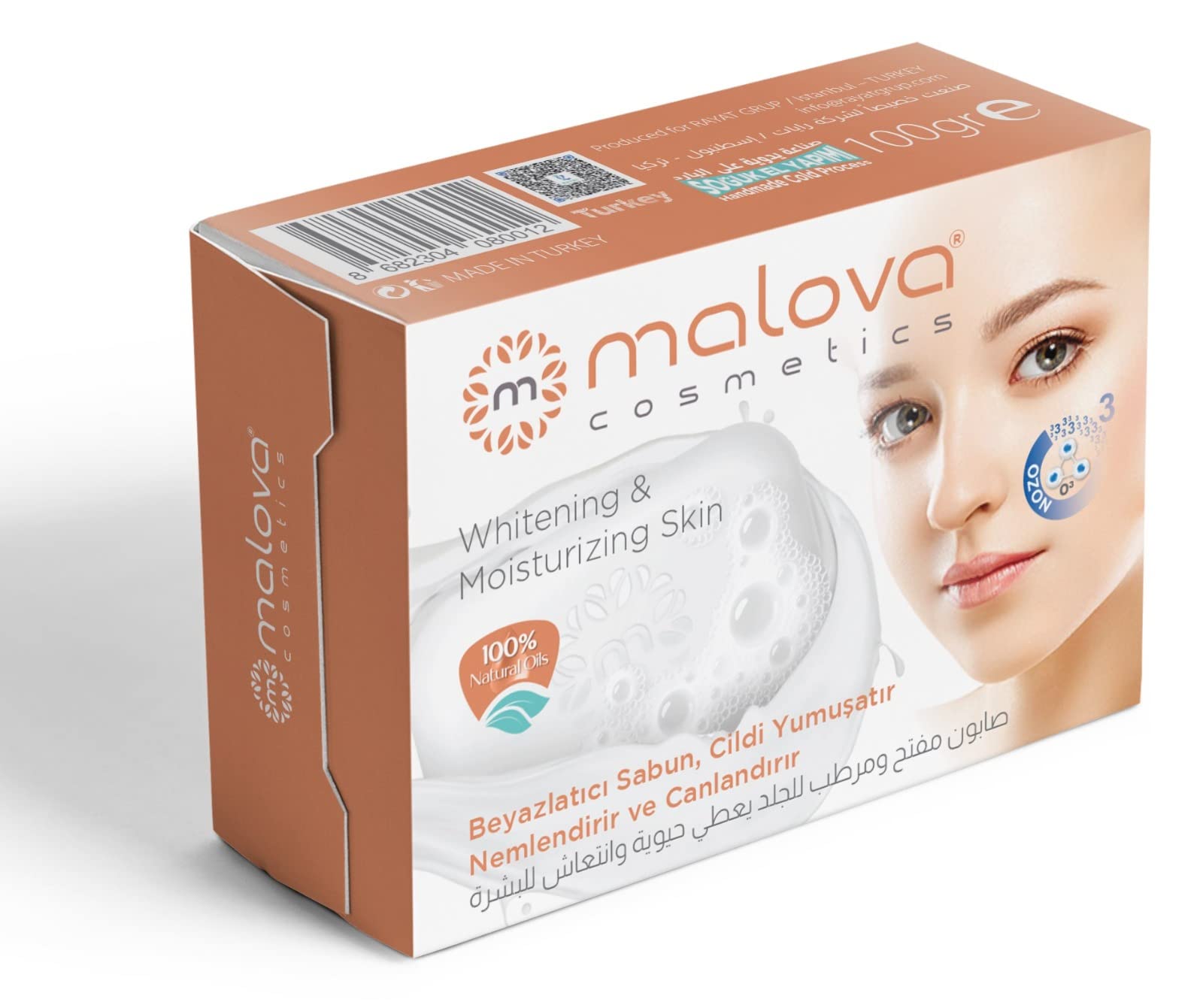 MALOVA - COSMETICS Soap for Whitening & Moisturizing Skin Refreshing and Softening Made of 100% Natural Oils Handmade Cold Process Mixed with Ozone O3 For All Skin Types