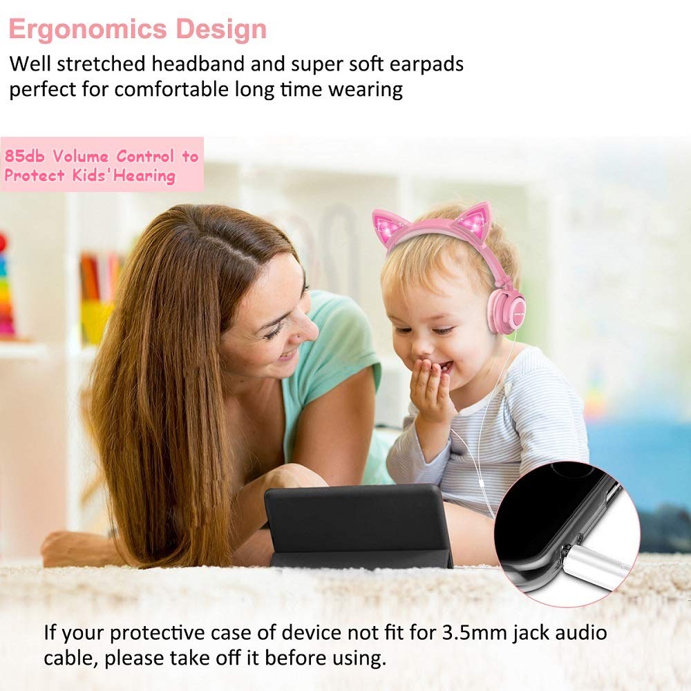 Cuffie per Bambini, Orecchio sopra con orecchie di gatto incandescente a LED, Cat Ear Headphone Cablate, 85dB Volume, Kids Cuffie ispirate al gatto per ragazze (Rosa)