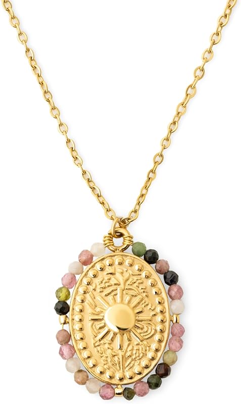 Halskette Medallion Stones Sun Edelstahl vergoldet Damenschmuck