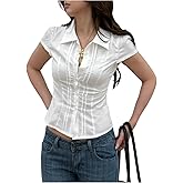 GORGLITTER Women's Y2k Short Sleeve Button Up Shirt Pleated Fitted Blouses Dressy Casual Lapel Collar Going Out T-Shirts White Large