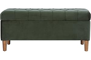 HomePop Home Decor | Tufted Ainsley Button Storage Ottoman Bench with Hinged Lid | Ottoman Bench with Storage for Living Room & Bedroom,Loden Green Velvet
