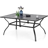MFSTUDIO Patio Table for 6, Black Metal Dining Table w/Umbrella Hole | 60" rectangle Wrought iron table. Slatted top design, weather resistant. Perfect for outdoor deck, porch, backyard.