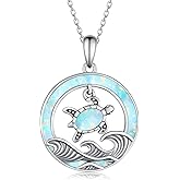 SVODEA Opal Turtle Necklace for Women 925 Sterling Silver Ocean Wave and Cute Sea Turtle Pendant Heart Necklaces Birthday Holiday Beach Jewelry for Women