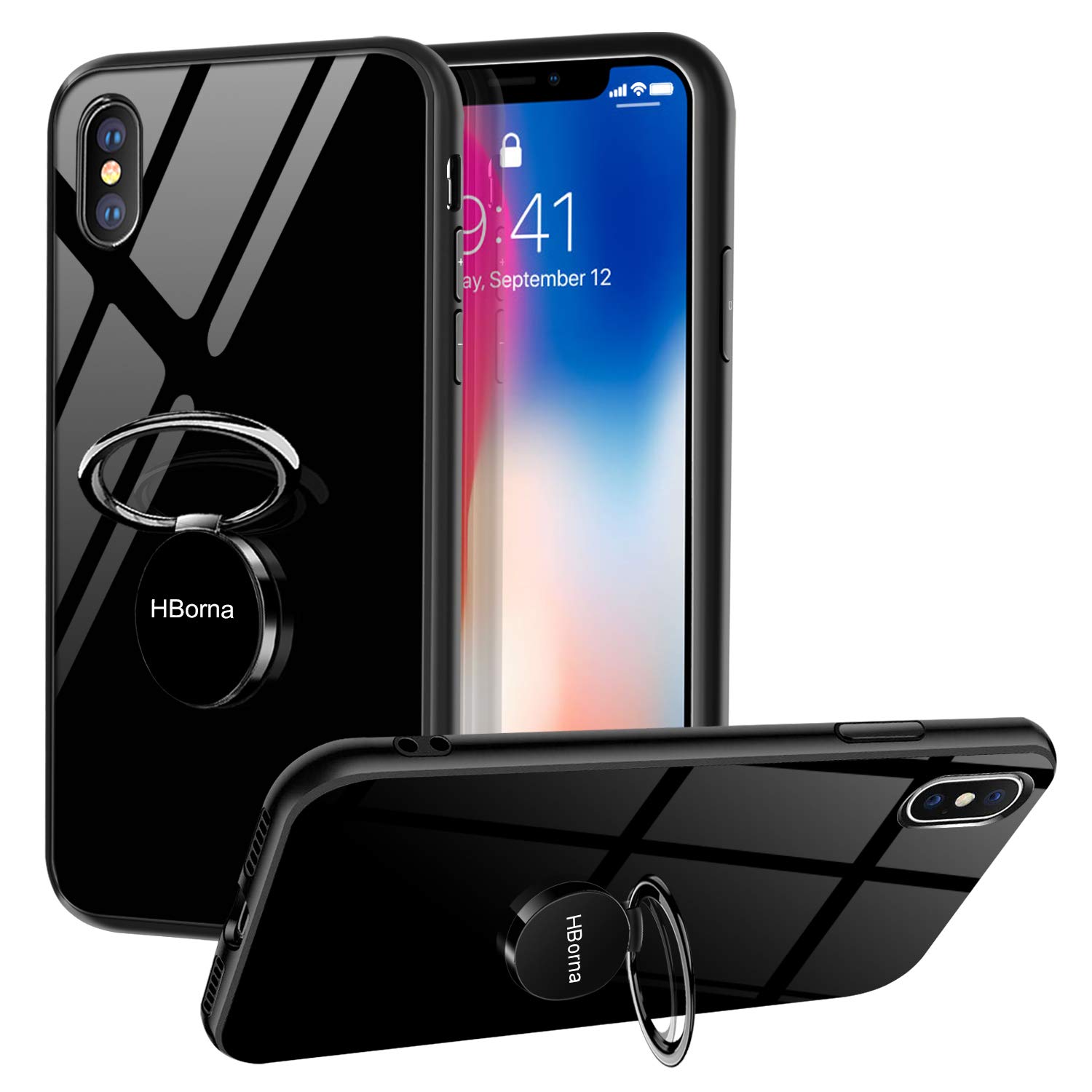 iPhone X Case, Black Anti-scratching Tempered Glass Back Cover Phone Case with Ring Kickstand, TPU Shock-Absorption Frame Protective Phone Case for Apple iPhone X, iPhone 10