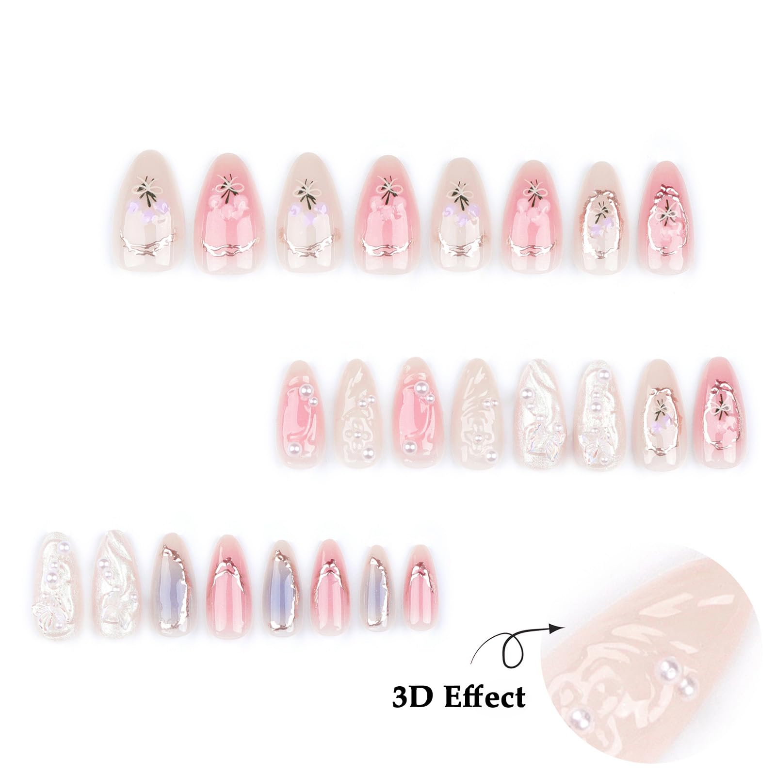 LPOODDNU 3D Handmade Press on Nails with Charms Medium Almond Fake Nails Cute French Nails Press ons Butterfly Flower Bow Stick on Nails Almond Shape Acrylic Nails Pearl Nails for Women Daily Wear - Image 2