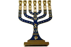 (Gold/Blue) - Bethlehem Gifts TM Jerusalem Temple Menorah 7 Branch Metal Candle Holder 12 Tribes of Israel 12cm (Gold/Blue)