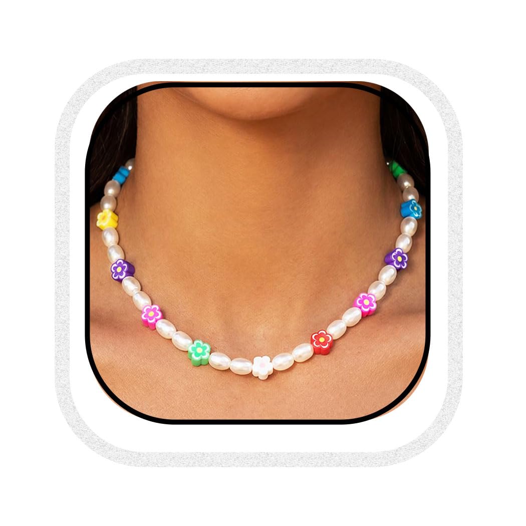 Ushiny Bead Necklace Colorful Flower Necklaces Pearl Choker for Women and Girls