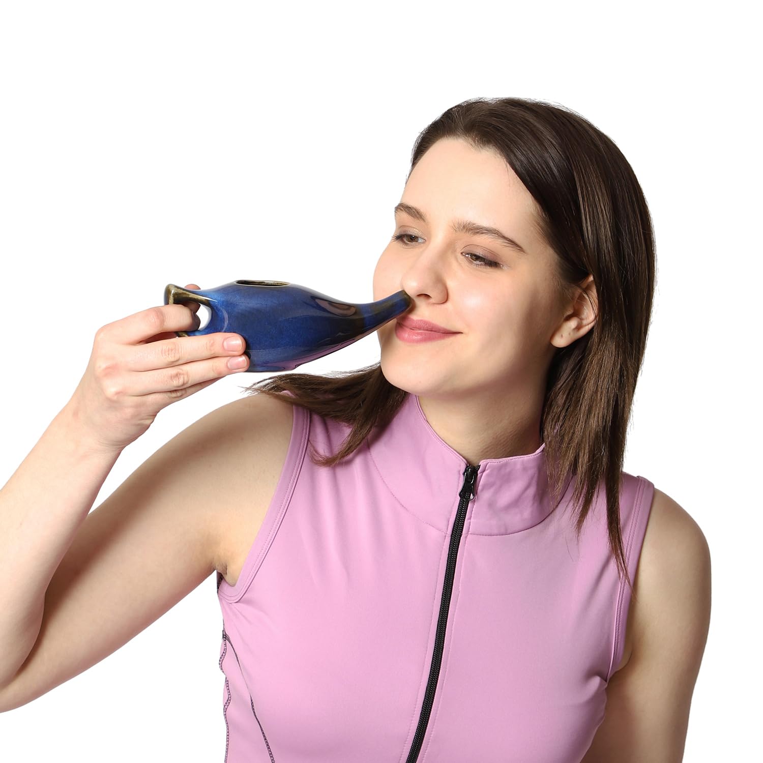 HealthGoodsIn Ceramic Neti Pot, Premium Handcrafted Durable, Dishwasher Safe with 2 Silicone Nozzle Tip, 225 Ml. (7.6 FL Oz) Capacity (Elegant Blue Gradient)