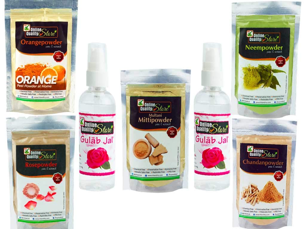 Online Quality Store multani mitti powder +Chandan Powder +Orange Peel Powder +Neem Powder +Rose Powder +free Pure Rose Water