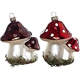 Set of 2 Blown Glass Mushroom Ornaments for Christmas Tree, Hanging Glass Mushroom Christmas Ornaments