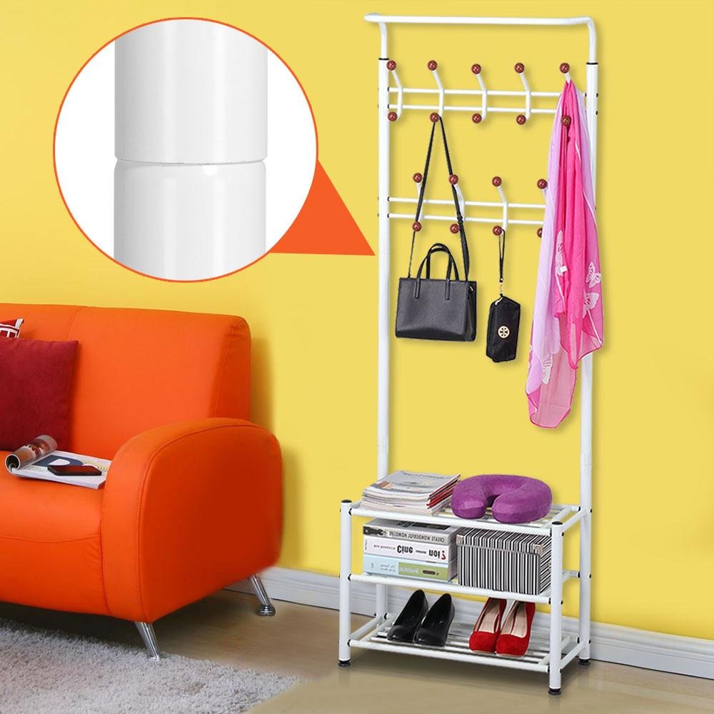 Yaheetech Metal 18 Hooks Coat Garment Rack with 3 Tier Shoes Rack Shelves Hall Tree Storage Organizer for Entryway, White
