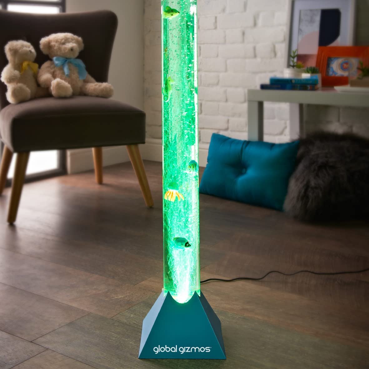 Global Gizmos 45169 Fish Bubble Lamp/Sea Creature, Jellyfish & Seahorse Design / 90cm Tall / 7 Separate Changing Colours Create Unique Sensory Experience/Metallic Blue Colour