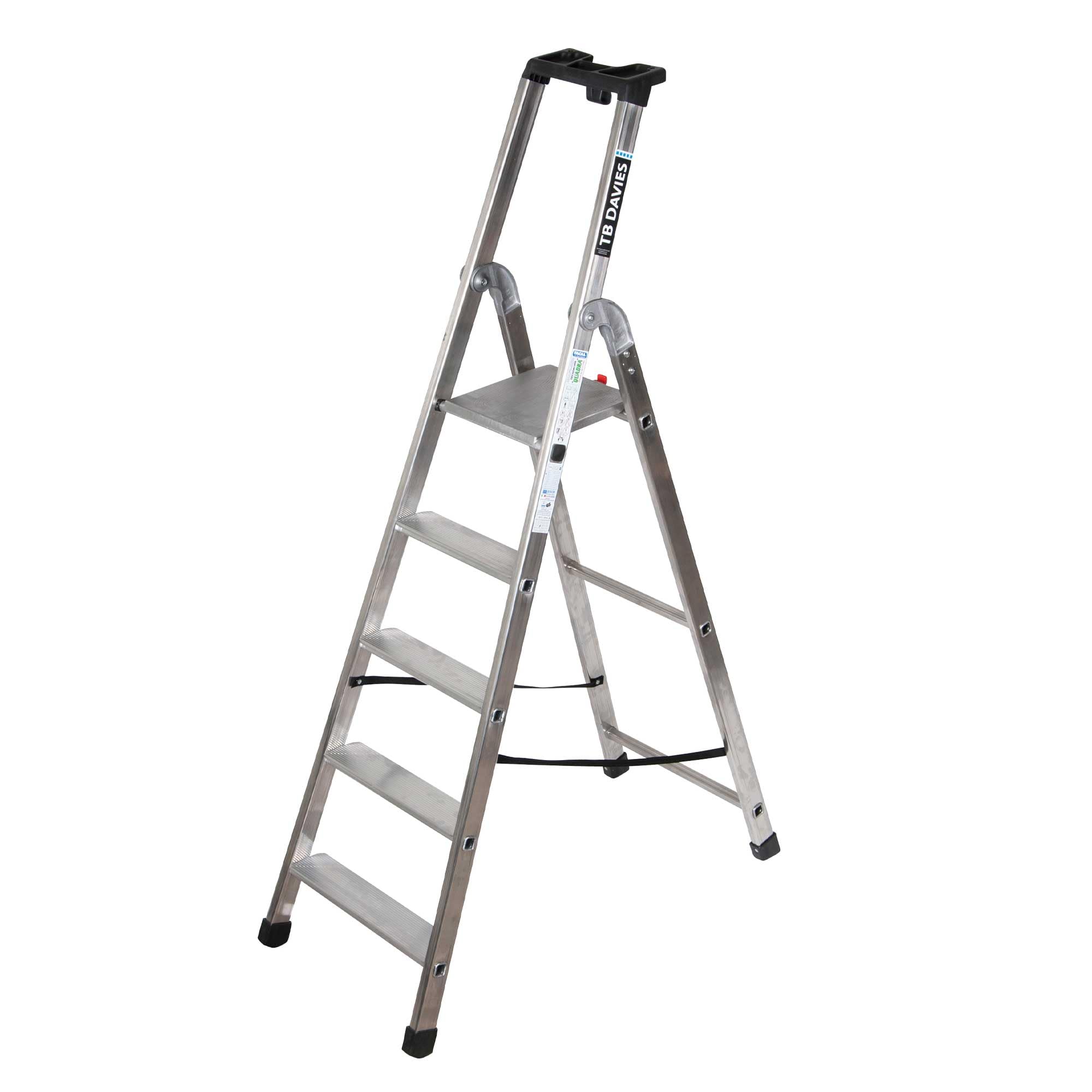 TB Davies 1202-025 Heavy-Duty Platform Step Ladder, 5 Tread, Platform Height 1.1m, Aluminium, 150kg Work Load, EN131 Professional