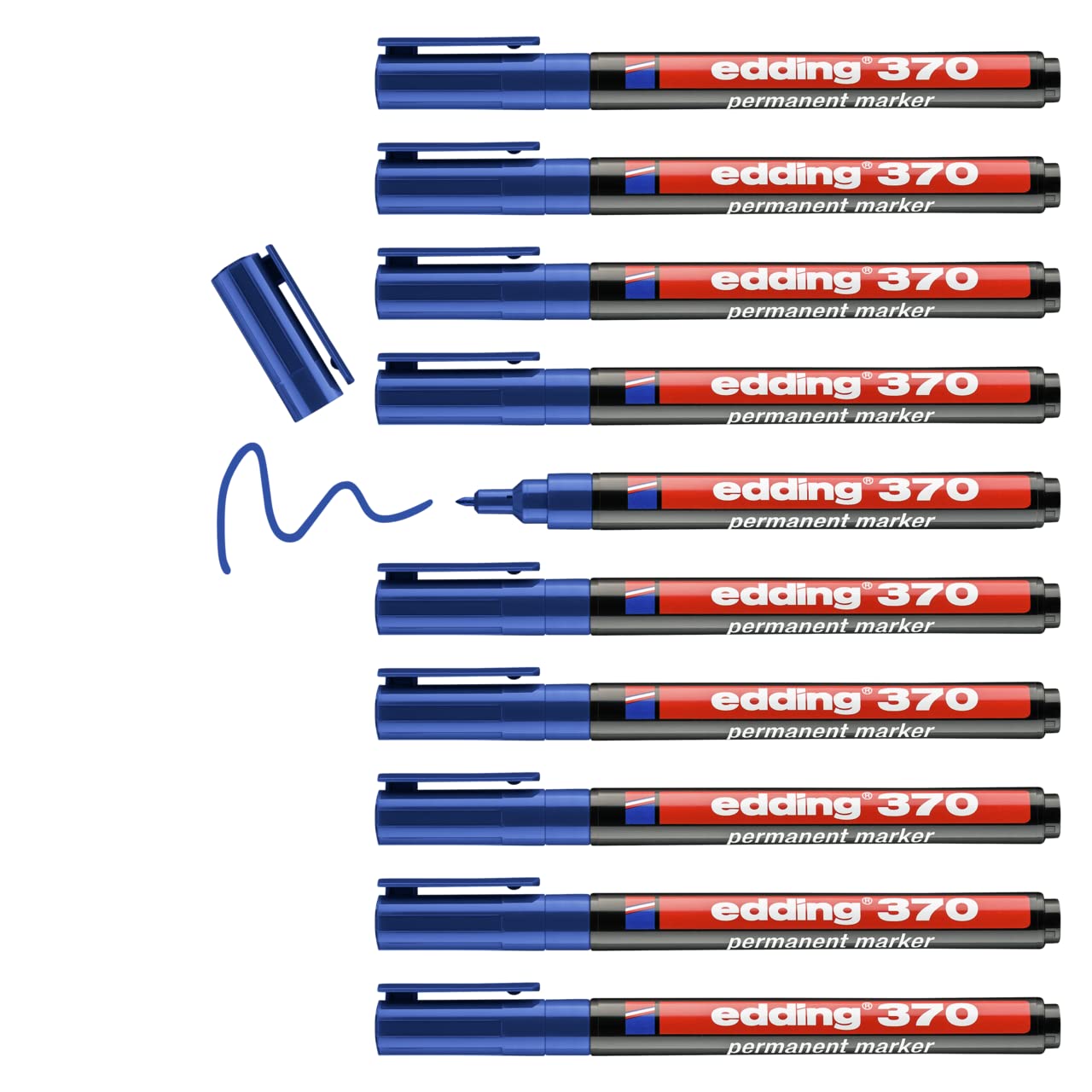 edding 370 - blue - box of 10 - fine bullet nib 1 mm - waterproof, quick-drying - multi-purpose marker, universal pen - for cardboard, plastic, wood, metal, glass, pebbles, canvas