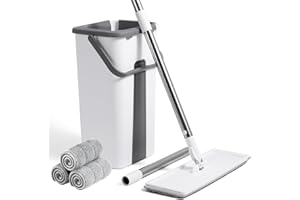 Self-Wringing Flat Mop System with Bucket, White and Grey, Microfiber Pads, 125cm Handle Length, Deep Drying Technology, 3 Re
