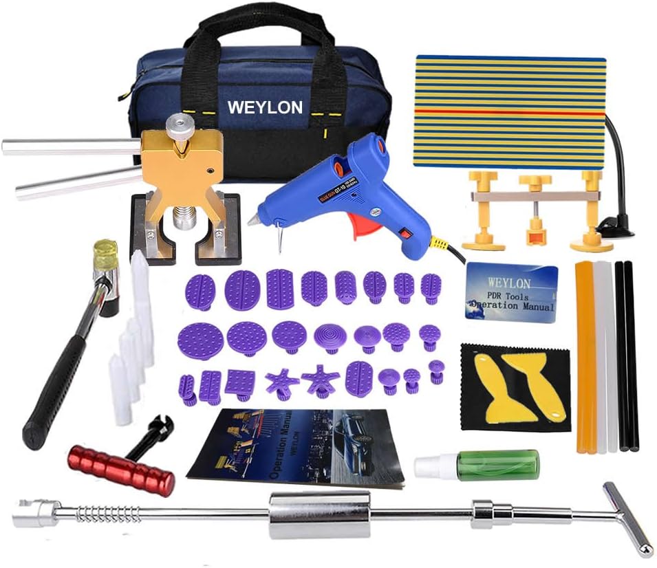 Weylon Auto Paintless Dent Removal Kits PDR Tools Dent Repair Tools Rubber Hammer Golden Dent Lifter Glue Gun Glue Sticks (49PCS)