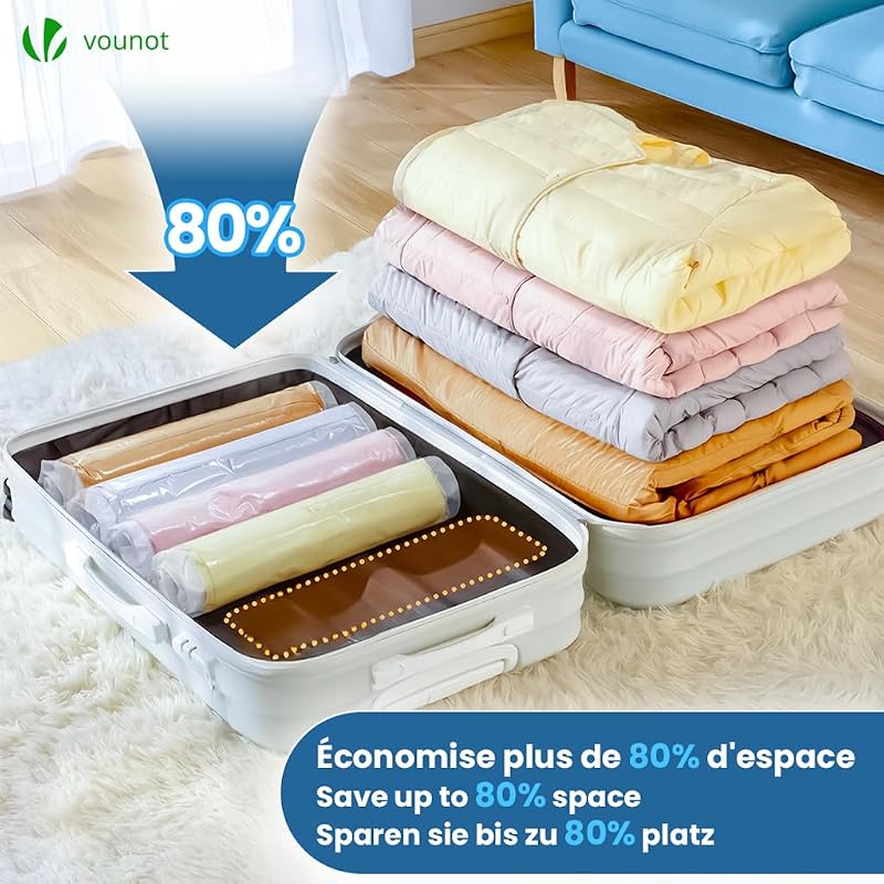 ® Sacchetti Sottovuoto Vestiti, 12 Pezzi Sacchetti Salvaspazio Riutilizzabili con Pompa per Lenzuola, Piumoni, Cuscini, Coperte, Viaggi