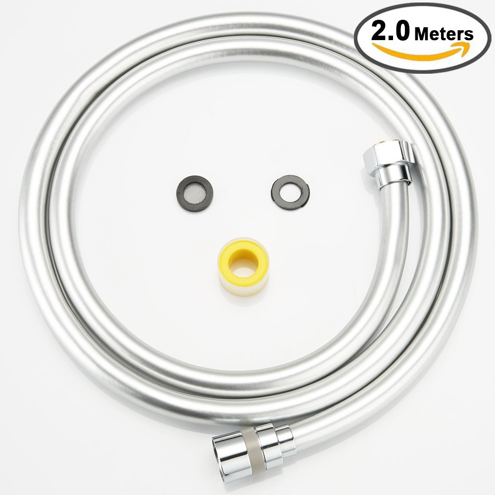Aizhy Shower Hose Flexible Double Interlocked Anti-Kink Replacement Shower Pipe Silver Chrome (2M)