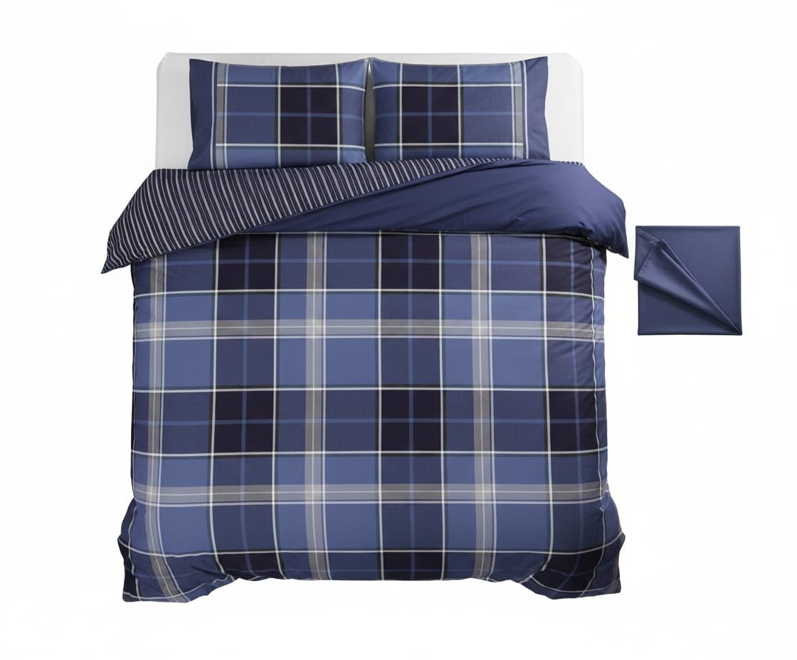 Rapport Home Argyle Tartan Check Double Duvet Cover Set - Reversible Blue Bedding with two Pillowcases - Durable Polycotton Quilt Cover 200x200cm