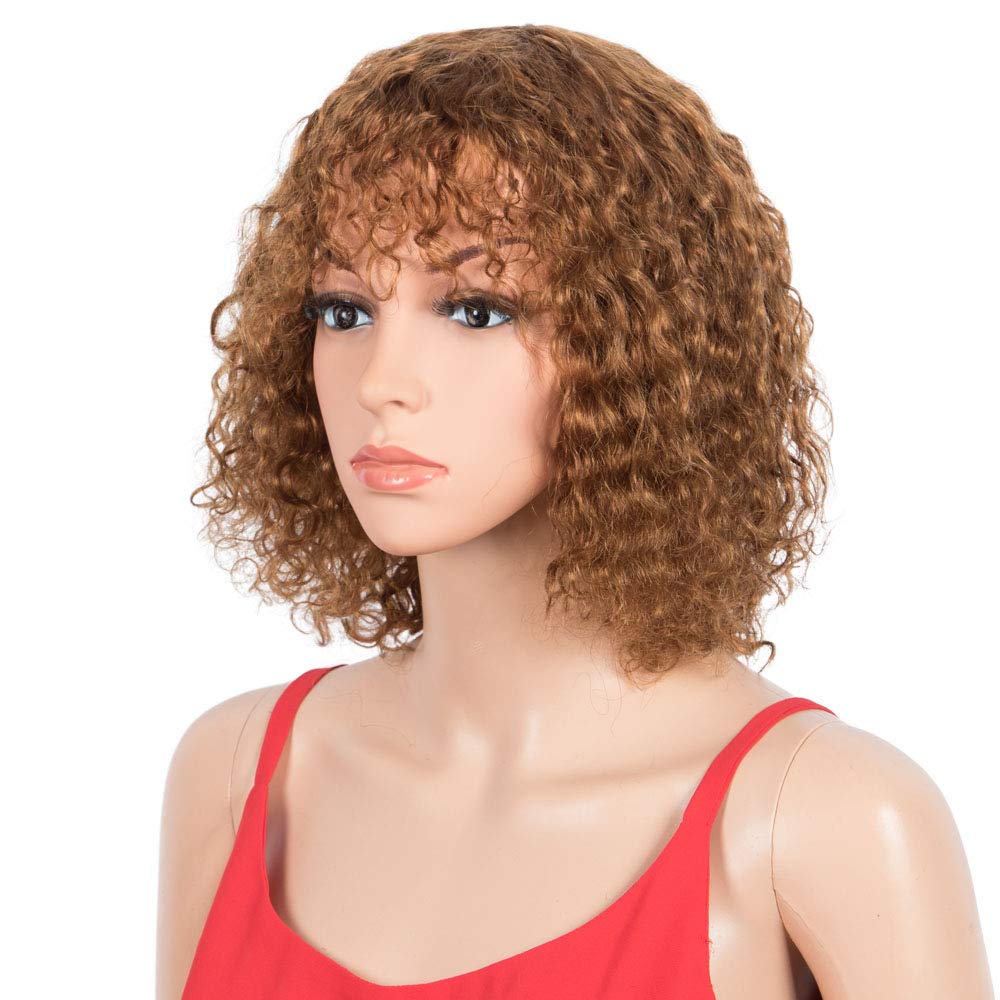 Spotlight Short Kinky Curly Wigs 10 inch Bob Loose Wave Human Hair Wigs for Women Brazilian Virgin Human Hair Wigs with Bangs 180% Density Natural Looking (Brown,#30 Color)